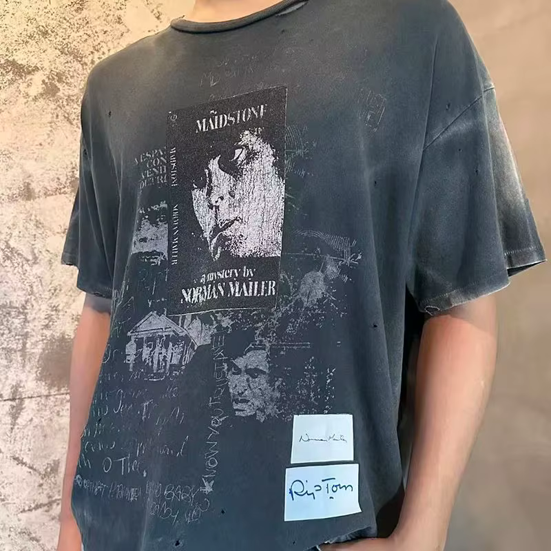 Nouveau Bonne qualité lavé bleu Paly t-shirts hommes femme Vintage haute rue mode col rond trou vieux endommagé haut t-shirt à manches courtes