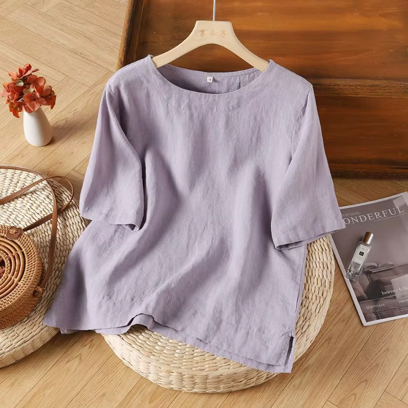 T-shirt à manches courtes en mélange de lin pour femme