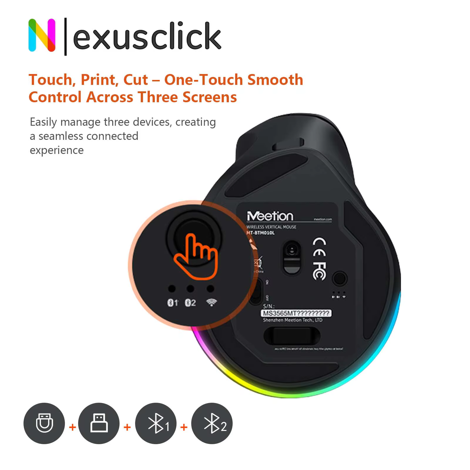 Souris sans fil ergonomique verticale pour gaucher Meetion BTM010, rechargeable, rétroéclairée RGB, souris de jeu anti-fatigue, pour le bureau