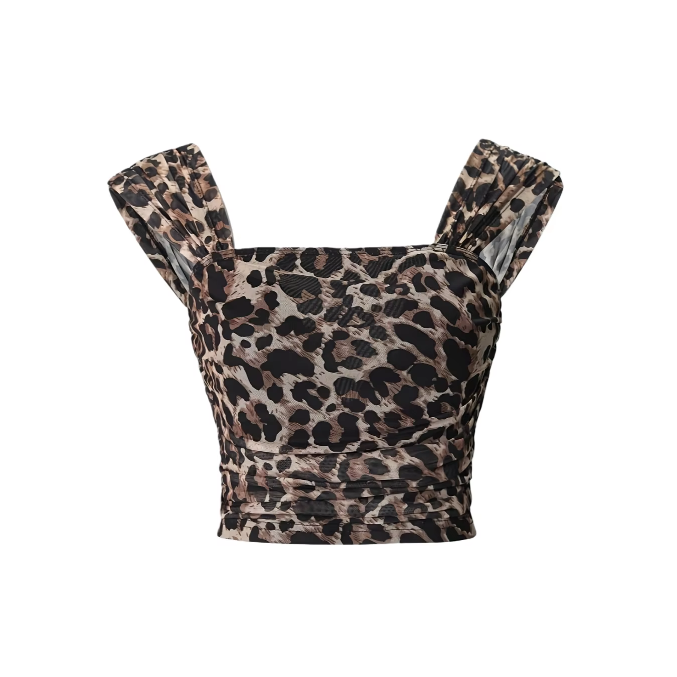 Dame avec haut sexy et élégant dos nu, extensible, à volants imprimé léopard