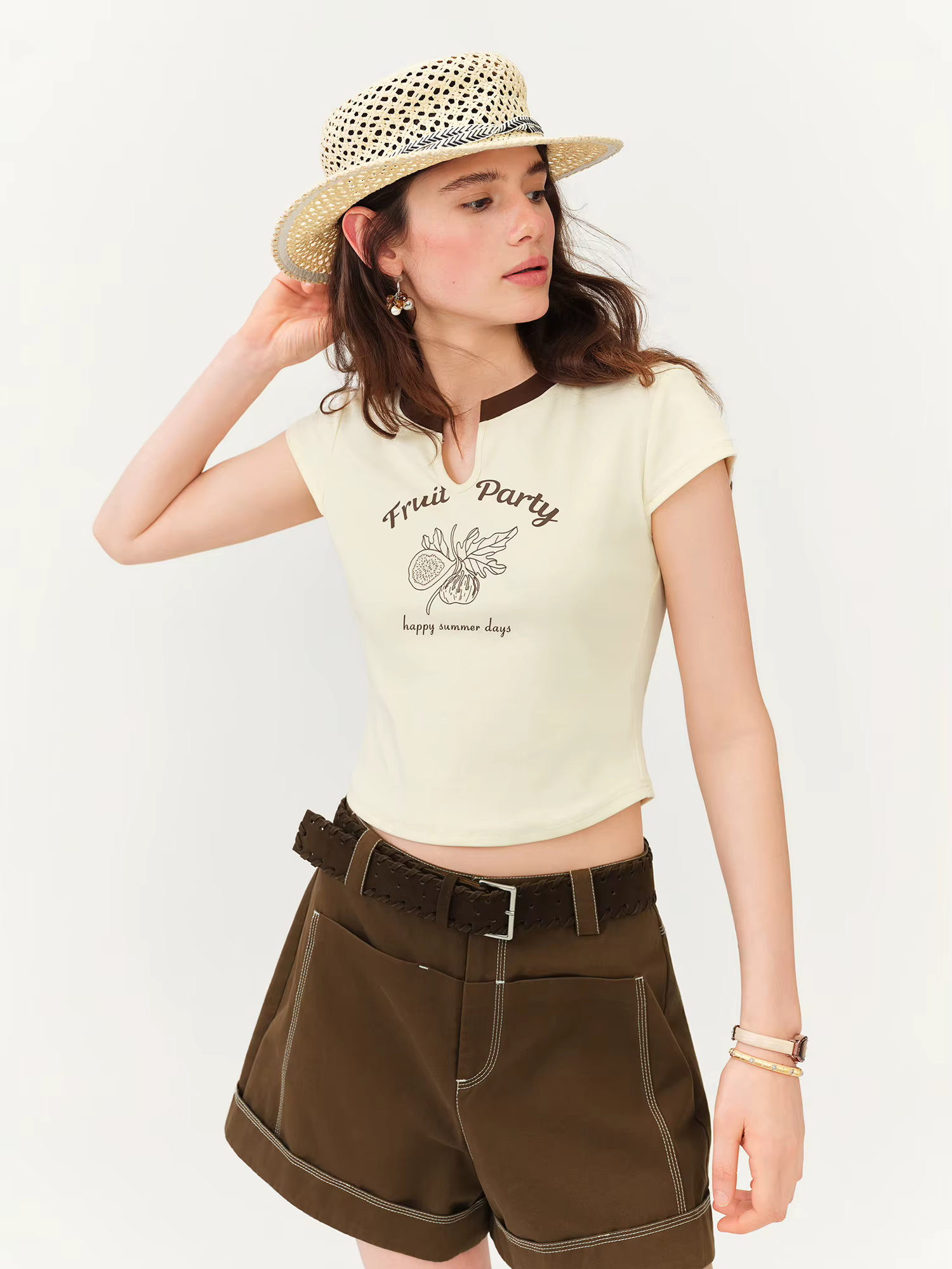 T-shirt ajusté à manches courtes FSLE pour l'été 2026 – Nouvelle collection – Hauts courts imprimés audacieux style sexy en coton – Nouveau design