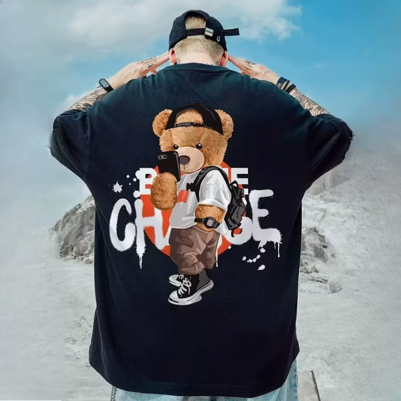 8XL hommes T-shirt style décontracté adolescent étudiant T-shirt américain Vintage mignon Selfie ours en peluche imprimé T-shirt ample grande taille grand haut