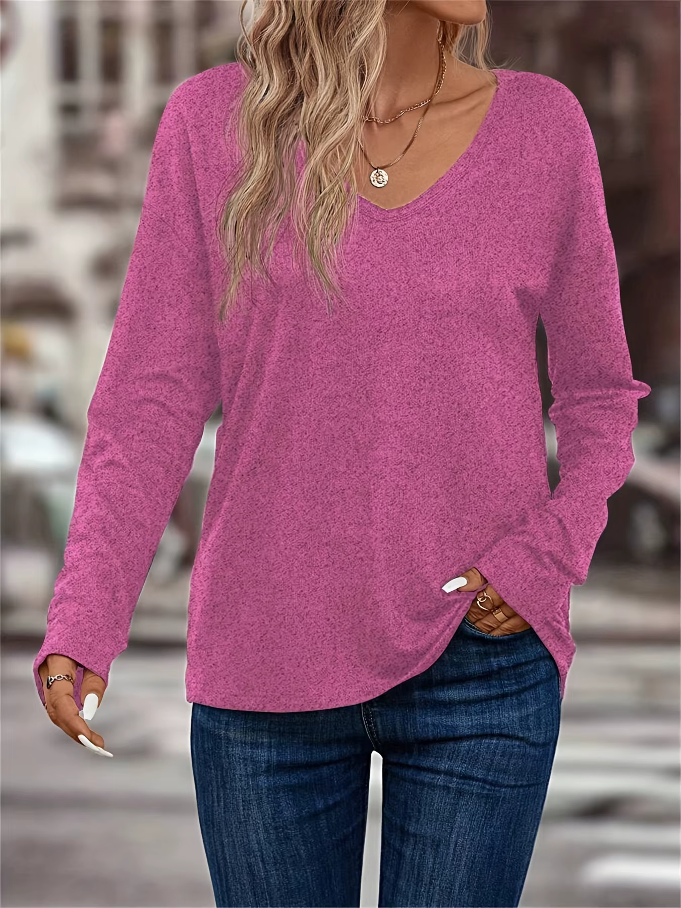 T-shirt uni à manches longues et col en V pour femme