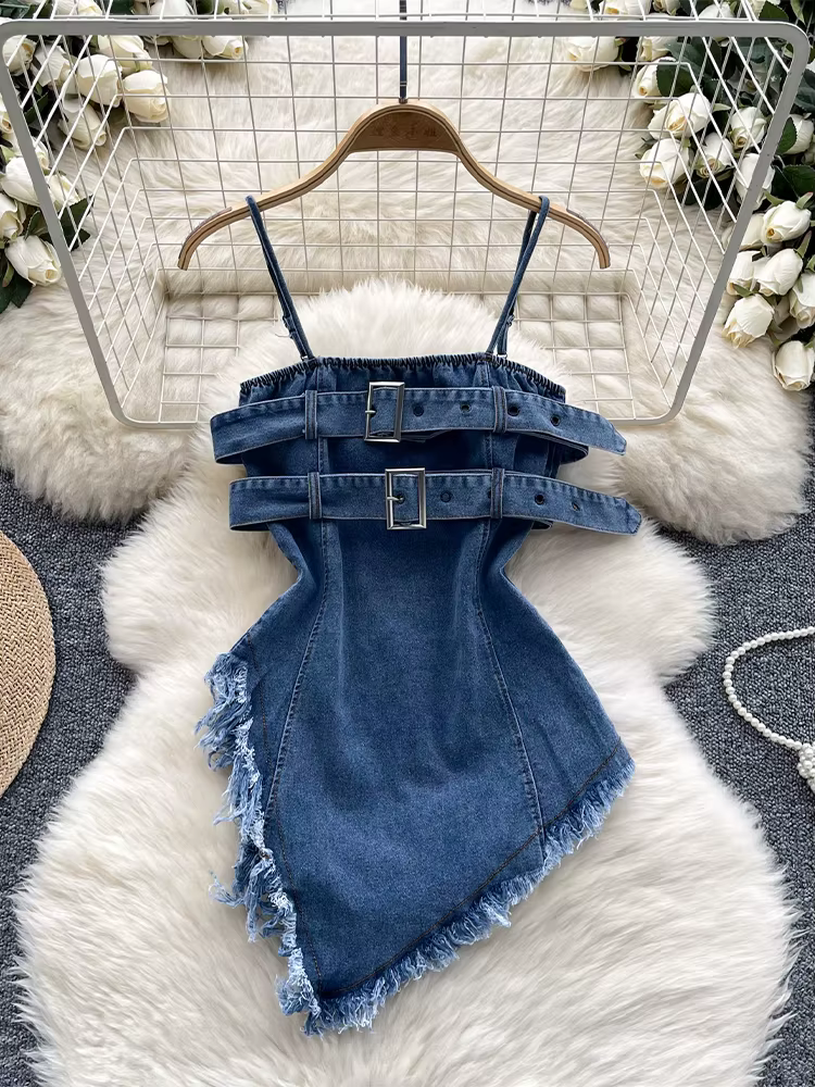 Haut court en Denim bleu pour femmes