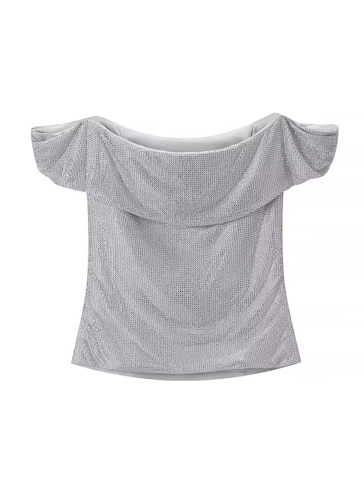 HH femmes nouvelle mode sans manches hauts courts argent dos nu diamant décoration femme été Sexy mince une pièce col haut