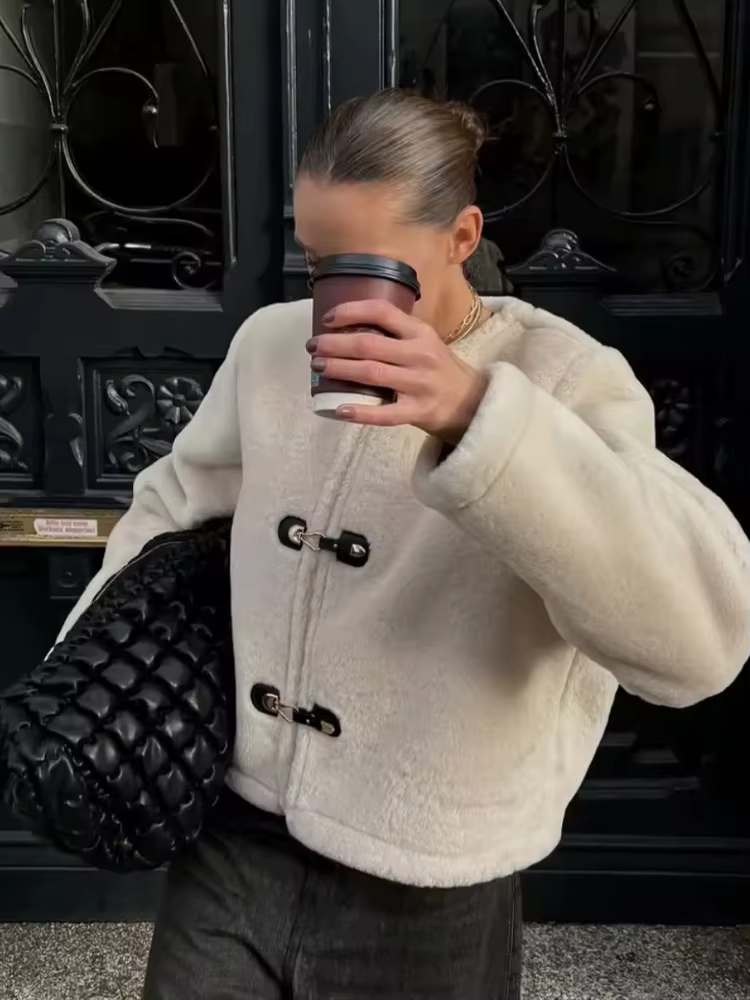 HH femmes hiver manches longues réversible veste mode décontracté ample manteau court femme noeud boucle poche col rond