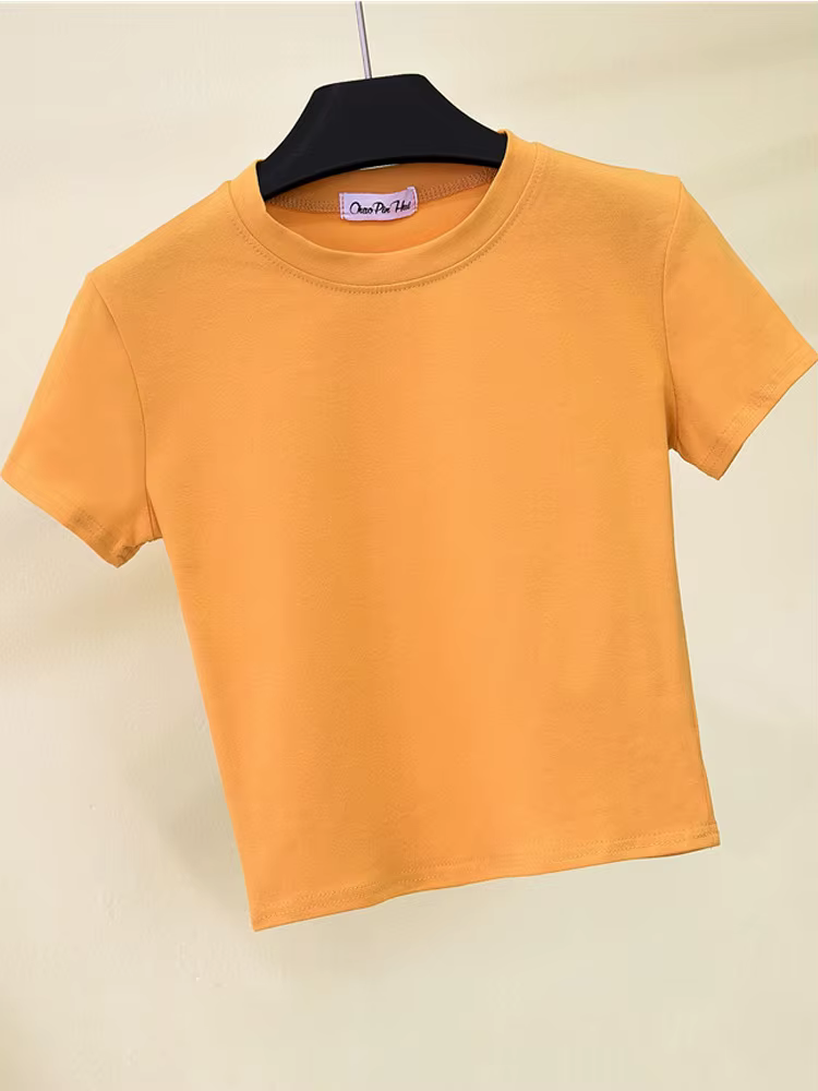 Vert haut court T-Shirt Femme solide coton col rond manches courtes T-shirts pour femmes taille haute mince