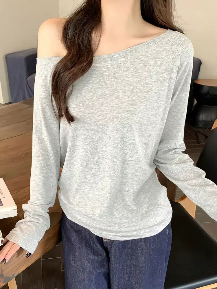 Surdimensionné épaules dénudées à manches longues t-shirt femmes couleur unie décontracté hauts dame printemps automne t-shirts de base style coréen jeunesse Blouses