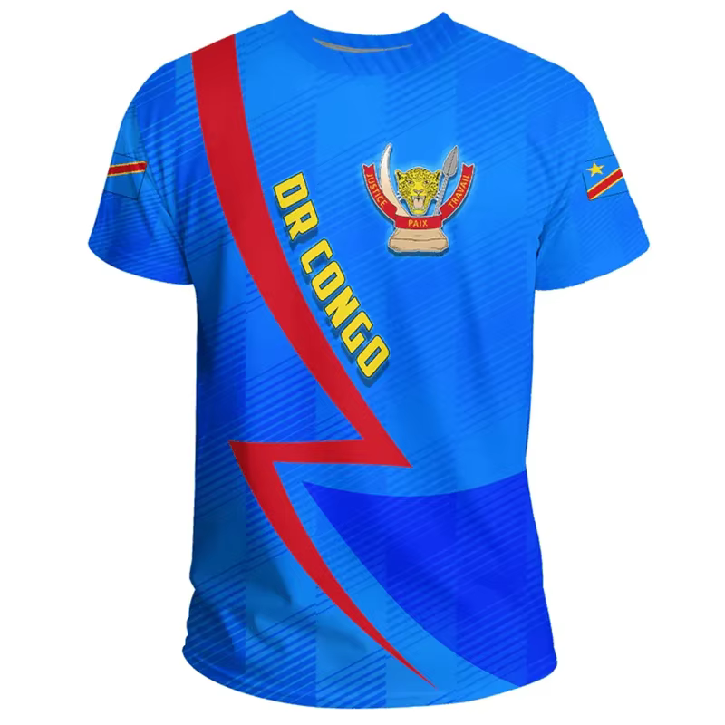 T-shirt à manches courtes à col rond décontracté d'été avec impression 3D de l'emblème national de la République démocratique du Congo