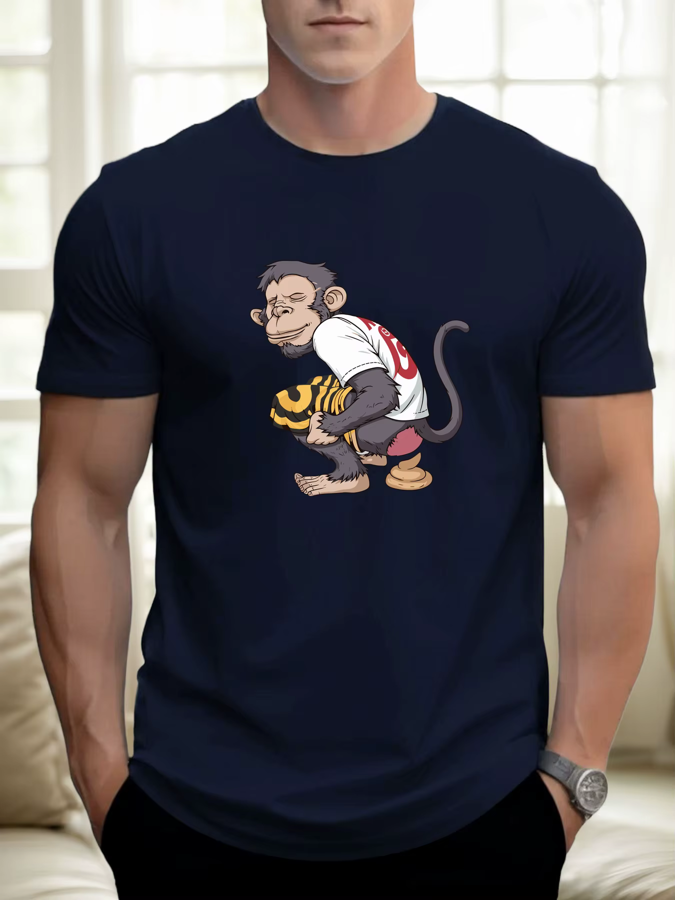 T-shirt pour hommes singe toilette 100 % coton impression graphique été col rond