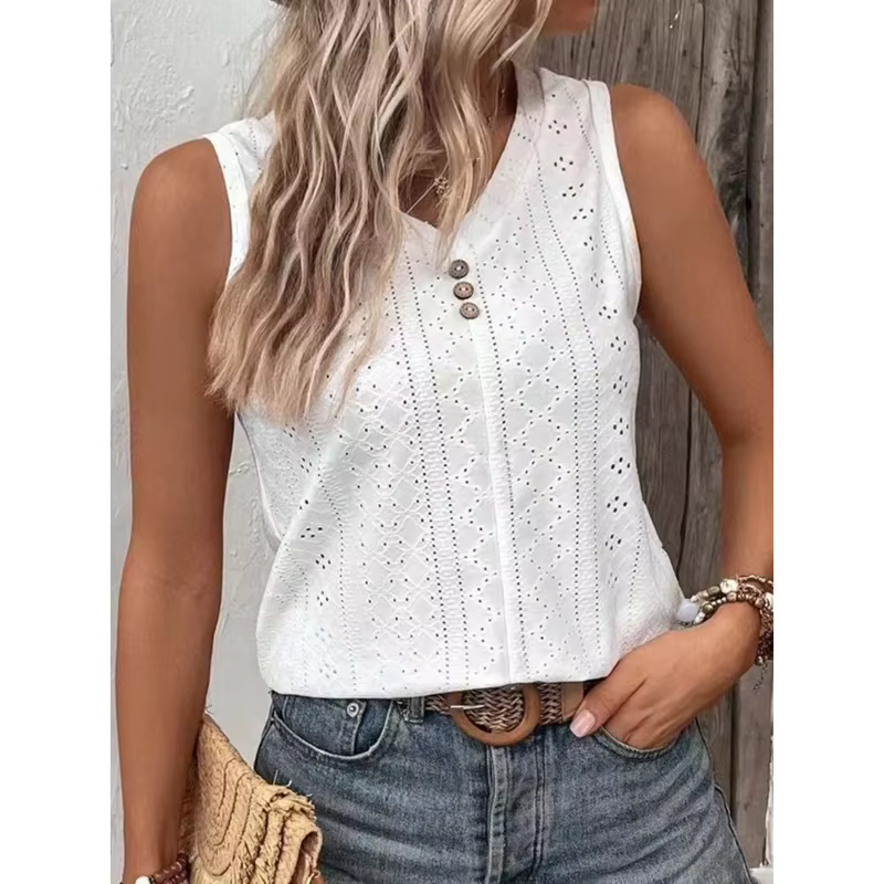 2025 nouveau débardeur pour femmes vêtements mode couleur unie col rond T-Shirt boutonné pour les femmes