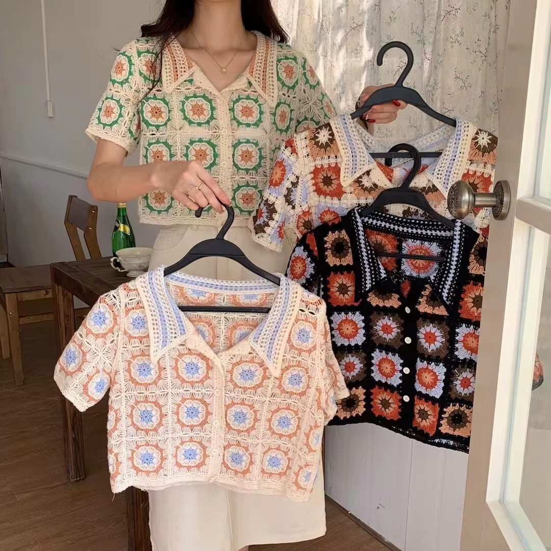 Vintage Crochet tricoté culture hauts Blouse chemises pour femmes décontracté à manches courtes évider chemise été Boho plage Plaid Blusas