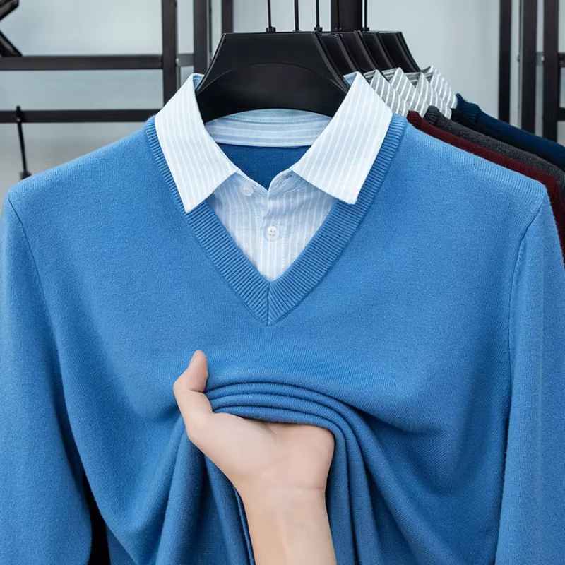  Pull en tricot à col de chemise pour hommes - Bleu clair (6 couleurs) Faux design à deux couches Style décontracté