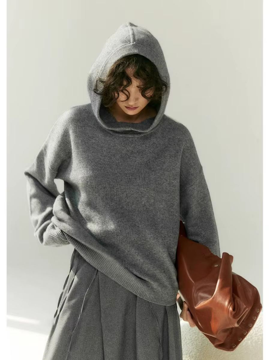 Pull en cachemire à capuche gris pour femme