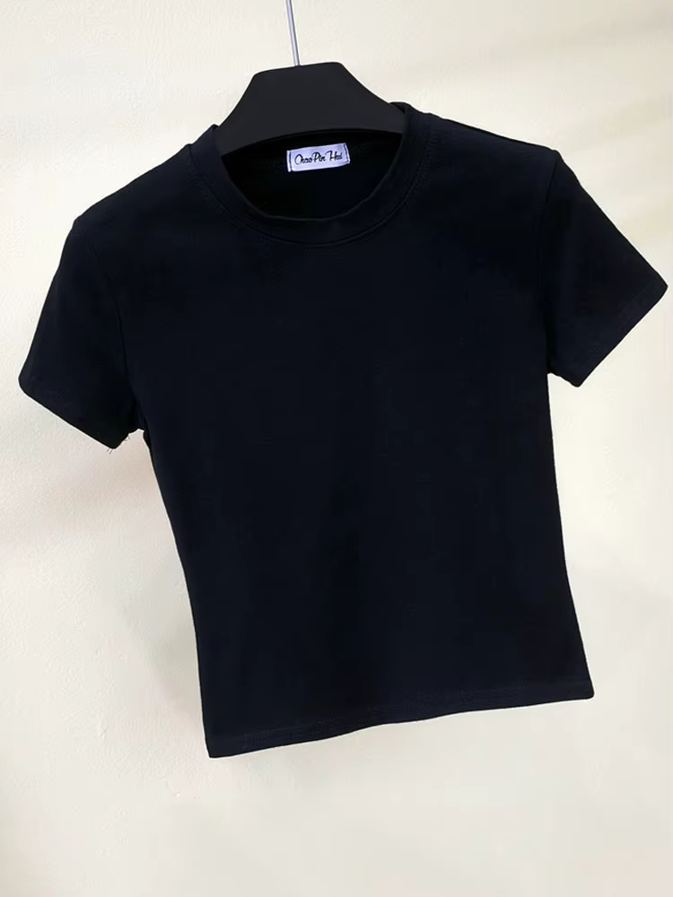 Vert haut court T-Shirt Femme solide coton col rond manches courtes T-shirts pour femmes taille haute mince