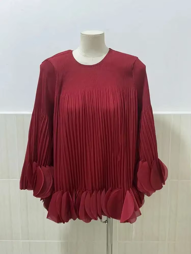 Fold Miyake plissé Appliques t-shirt femmes col rond manches longues couleur unie une ligne ample mode pull nouveau 2025 hauts