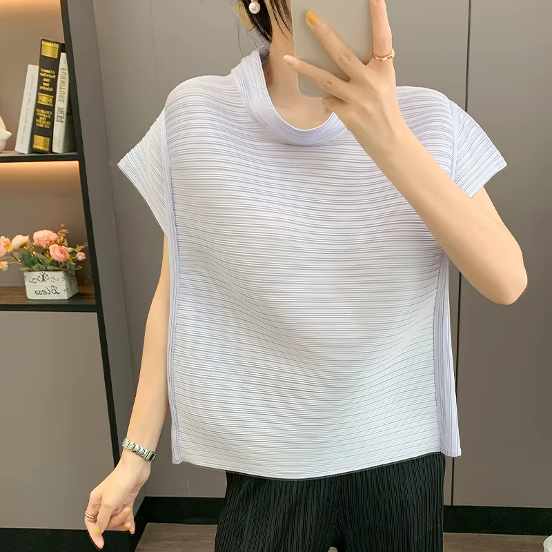 LANMREM 2025 été nouveau T-shirt plissé pour femmes épaules dénudées revers manches courtes élastique col montant ample pull haut 2DB4315