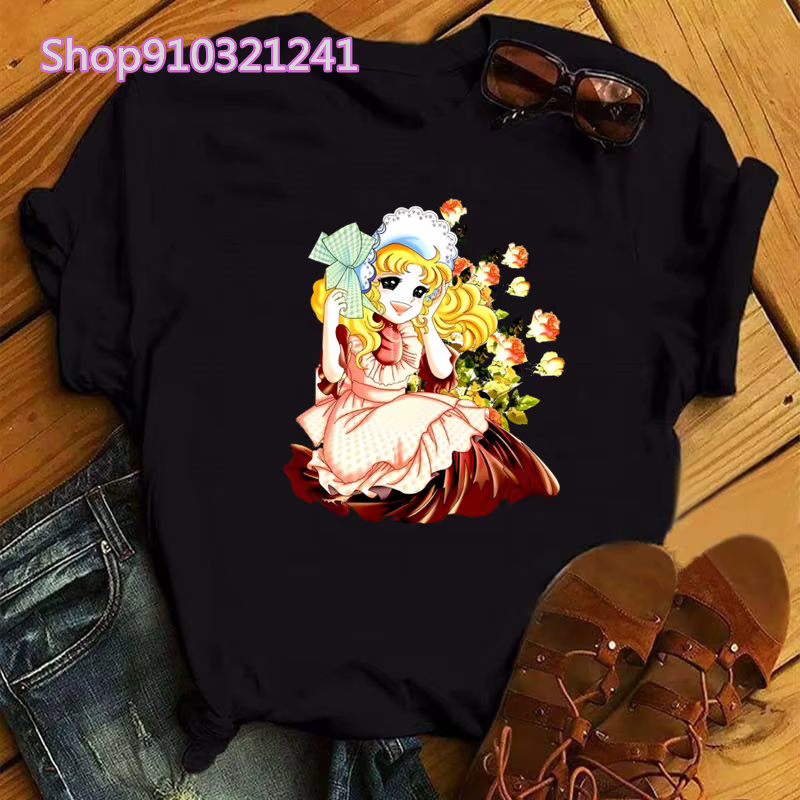 Kawaii Anime bonbons T-shirt femmes été à manches courtes mignon noir