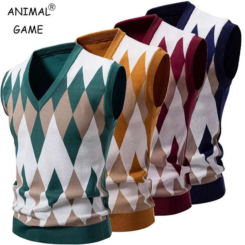 Nouveau hommes Argyle tricots gilet col en V sans manches décontracté coupe ajustée pull tricoté