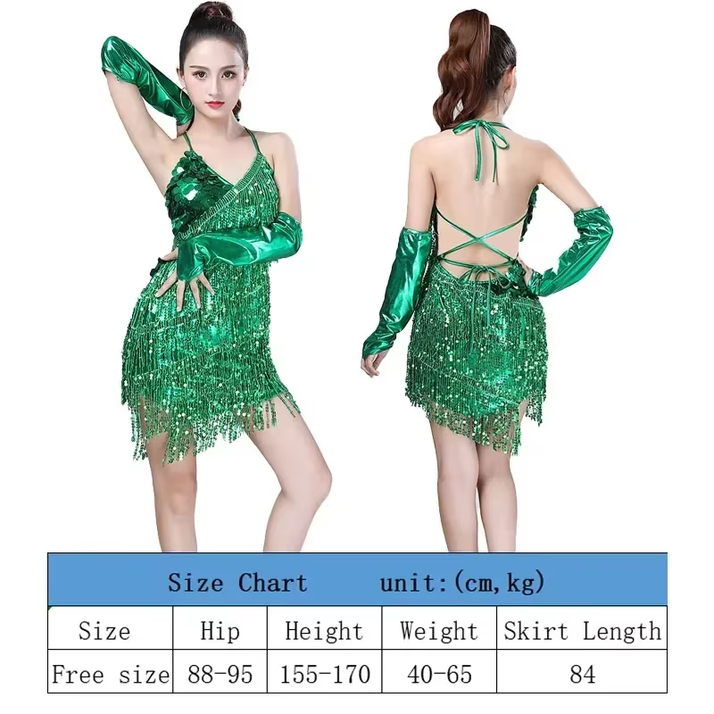 Nouvelle jupe de danse latine manches avec 3 Sexy et à la mode col en v frange paillettes dos nu robe de spectacle sur