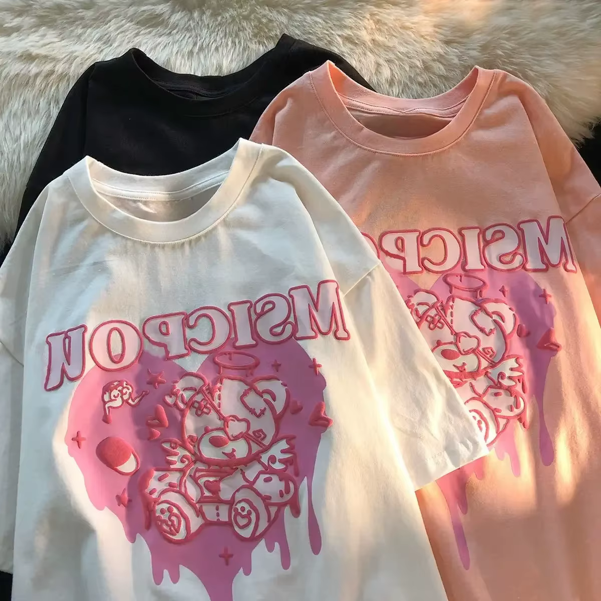 Kawaii femmes T-Shirt coréen rose amour ours imprimé à manches courtes