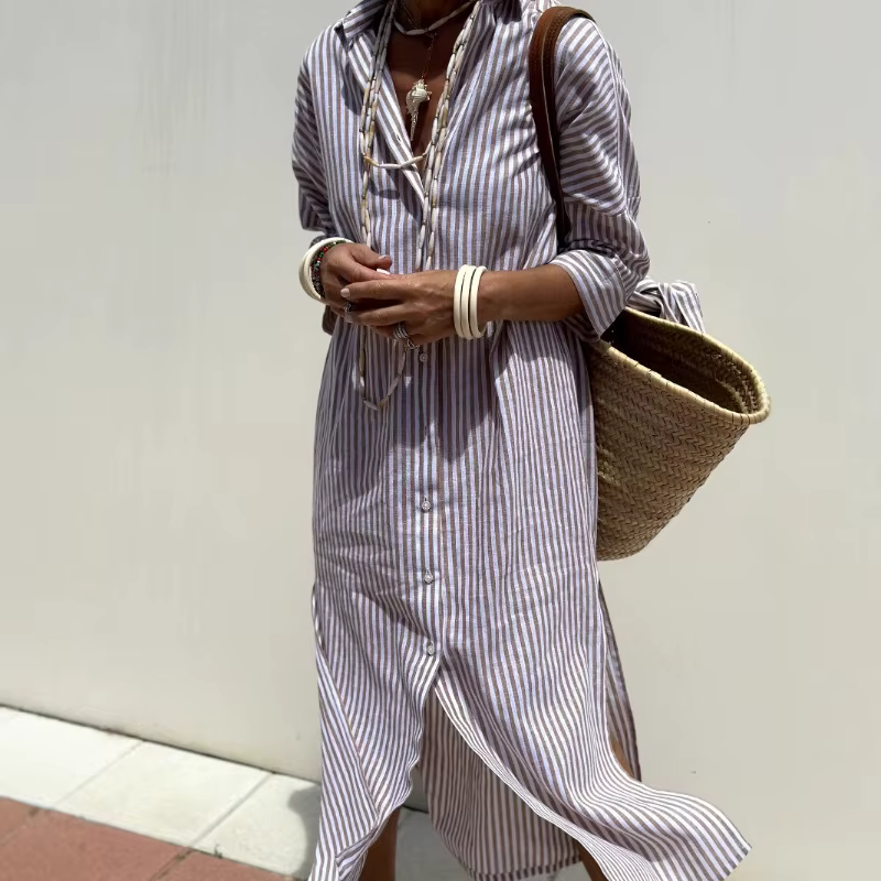 Robe chemise cardigan à col polo sans manches mi-longue rayée tendance pour femme