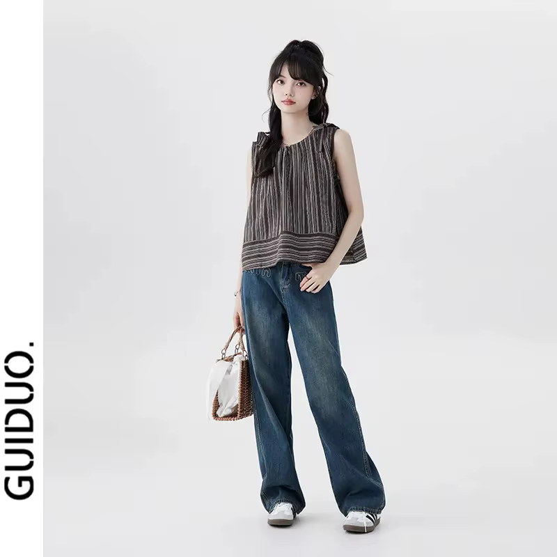 Tops en lin rayé français pour femmes