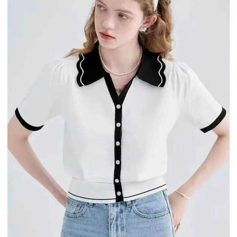 Cardigan fin en maille à col polo pour femme