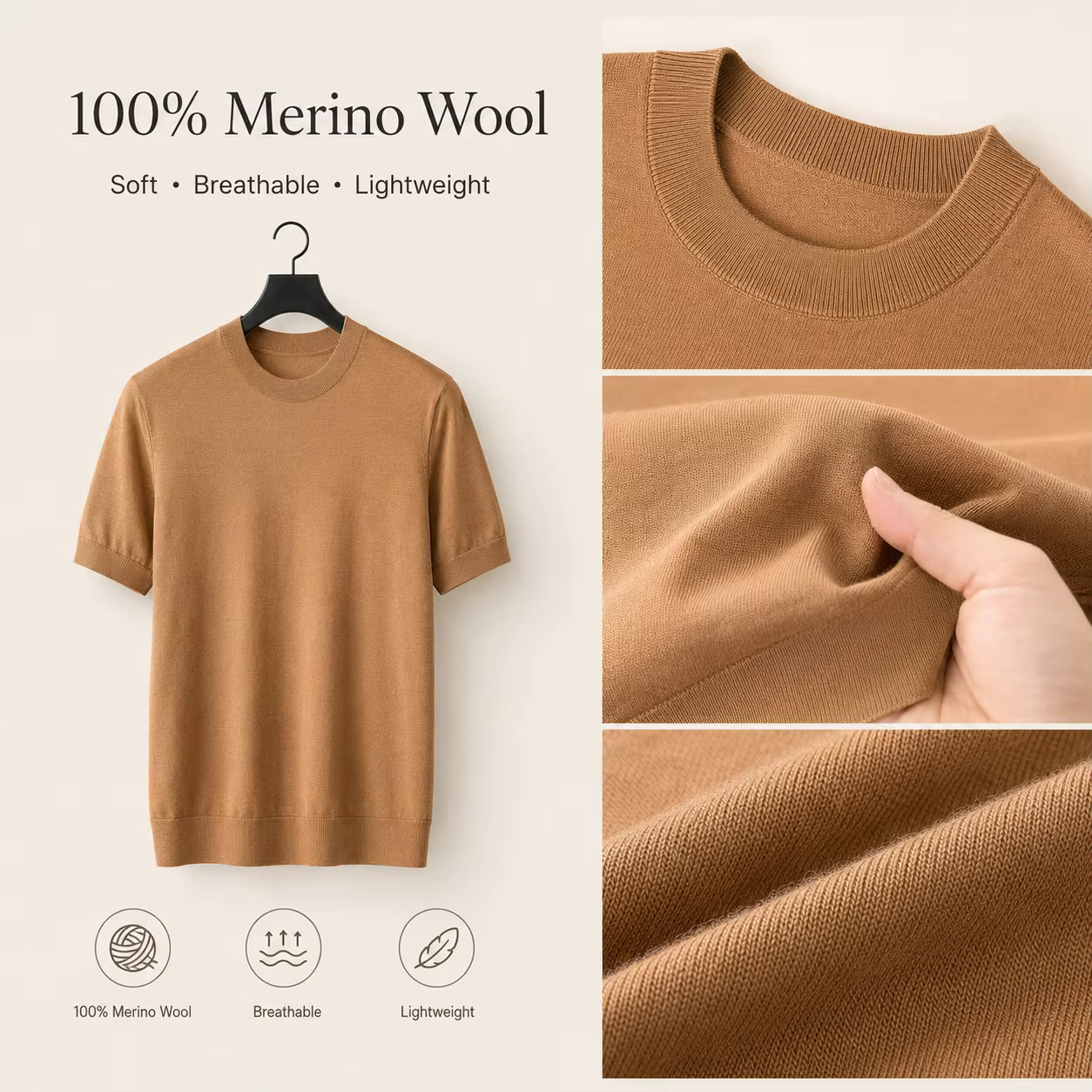 T-shirt Homme 100% Laine Mérinos à Manches Courtes