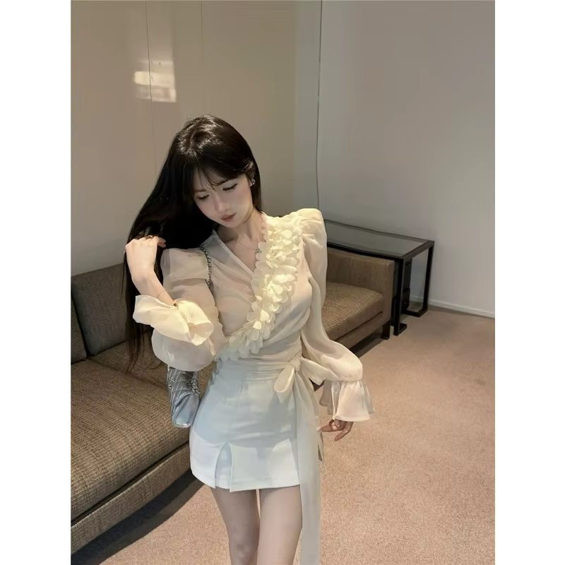 Chemise française en mousseline de soie à manches bouffantes pour femmes, petit haut français à col en v, pur désir, belles chemisiers, été