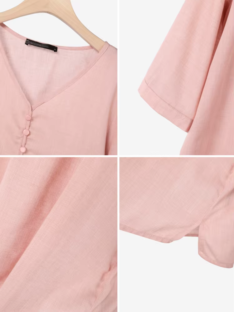 ZANZEA femmes Blouses Vintage 2025 été décontracté col en v demi manches haut-bas Blusas Mujer confort week-end couleur unie tunique hauts