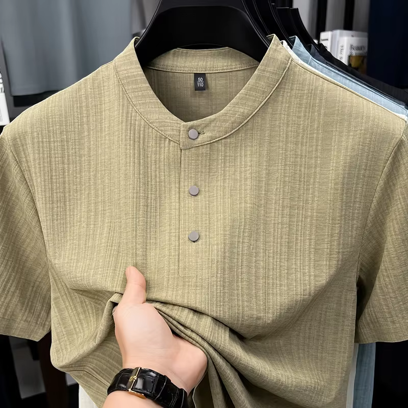 T-shirt Henley en lin texturé pour homme avec col mandarin