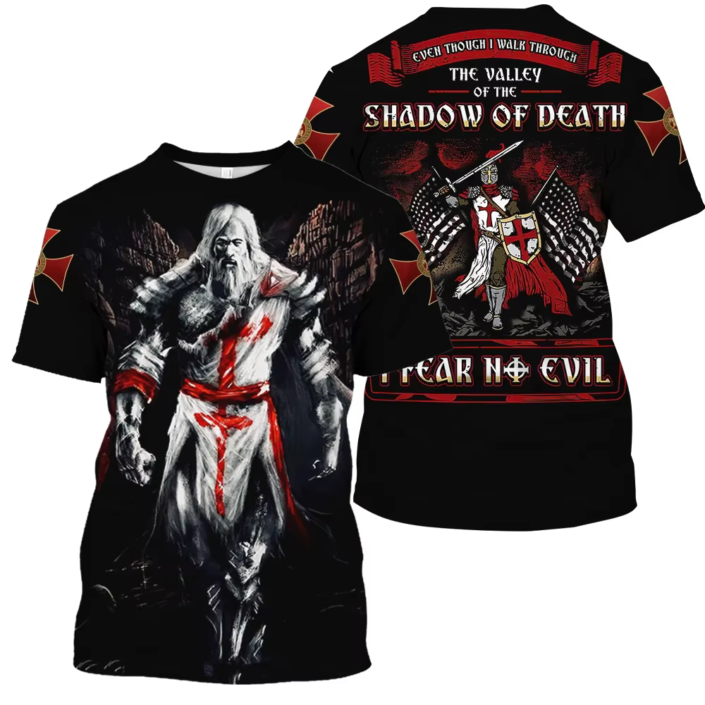 2025 T-shirt Vintage pour hommes 3D chevalier imprimé hauts rue Hip Hop col rond manches courtes