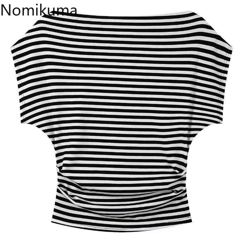 2025 vêtements pour femmes rayé t-shirts à manches courtes Slash cou décontracté Camisetas Ropa Mujer mode été