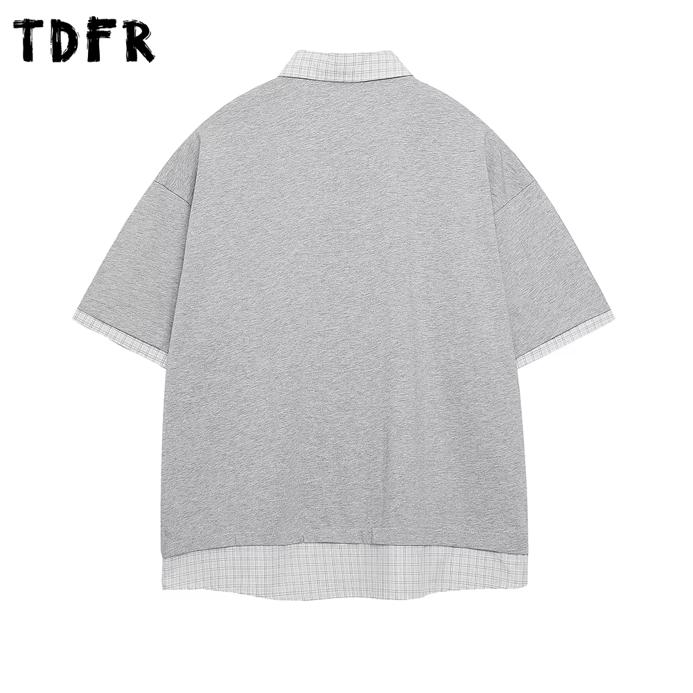 Lettre imprimer faux deux pièces polos hommes décontracté Streetwear été ample à manches courtes couverture en coton