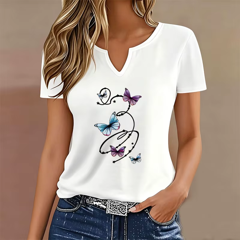 T-shirt graphique coloré à col en V pour femme