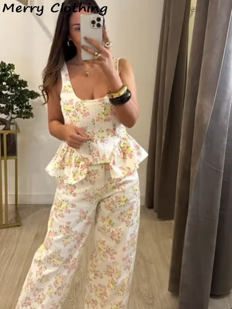 Ensemble élégant imprimé pour femme : Haut sans manches à volants et pantalon large – Nouvelle collection Printemps 2026