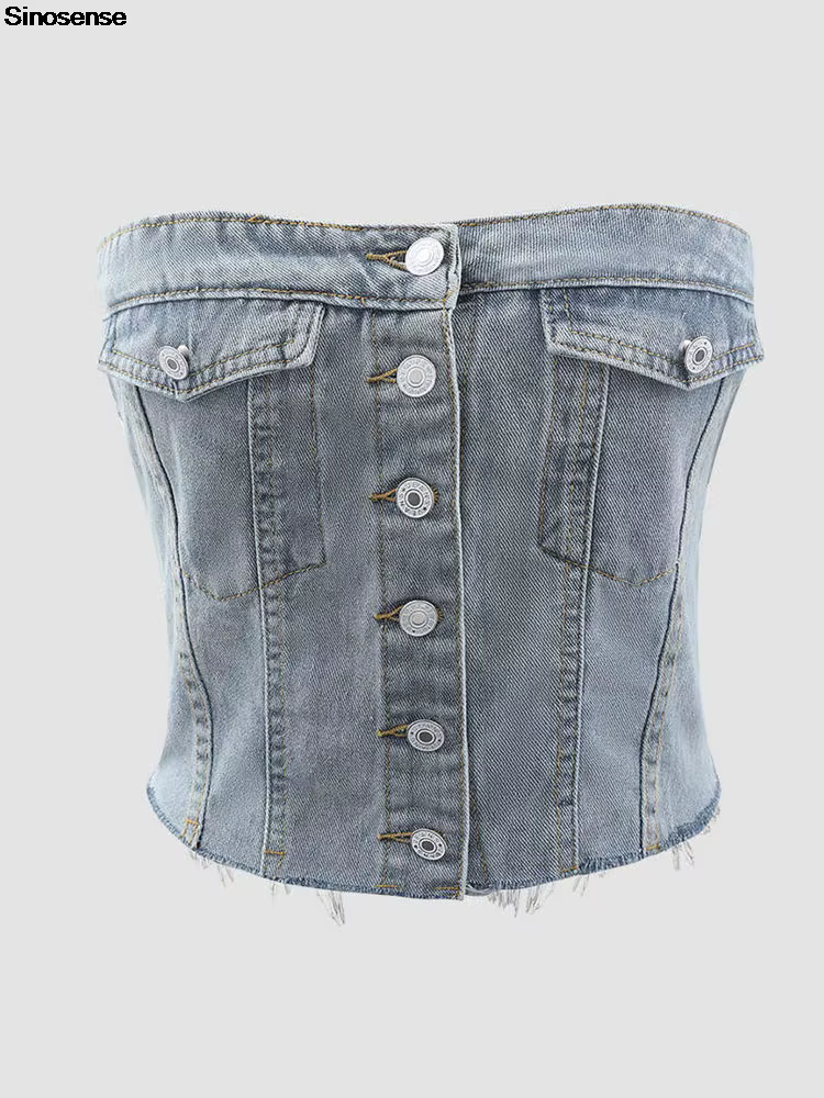 Haut court en denim sans bretelles pour femme