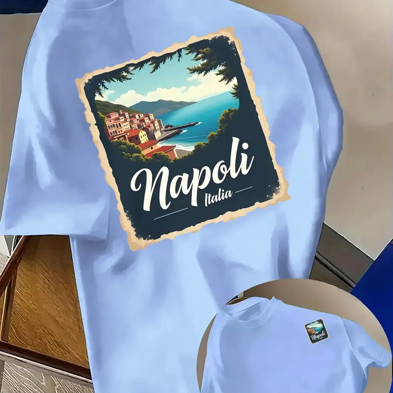 T-shirt pour homme en coton 100% avec imprimé paysage côtier italien