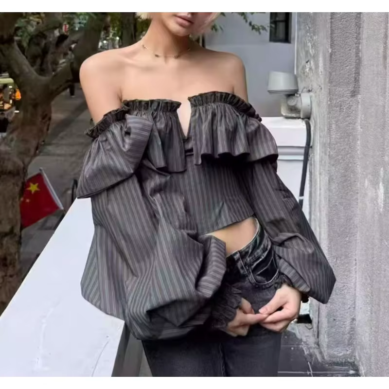 Chemisier Rétro Français Rayé à Manches Longues pour Femme – Tendance Automne