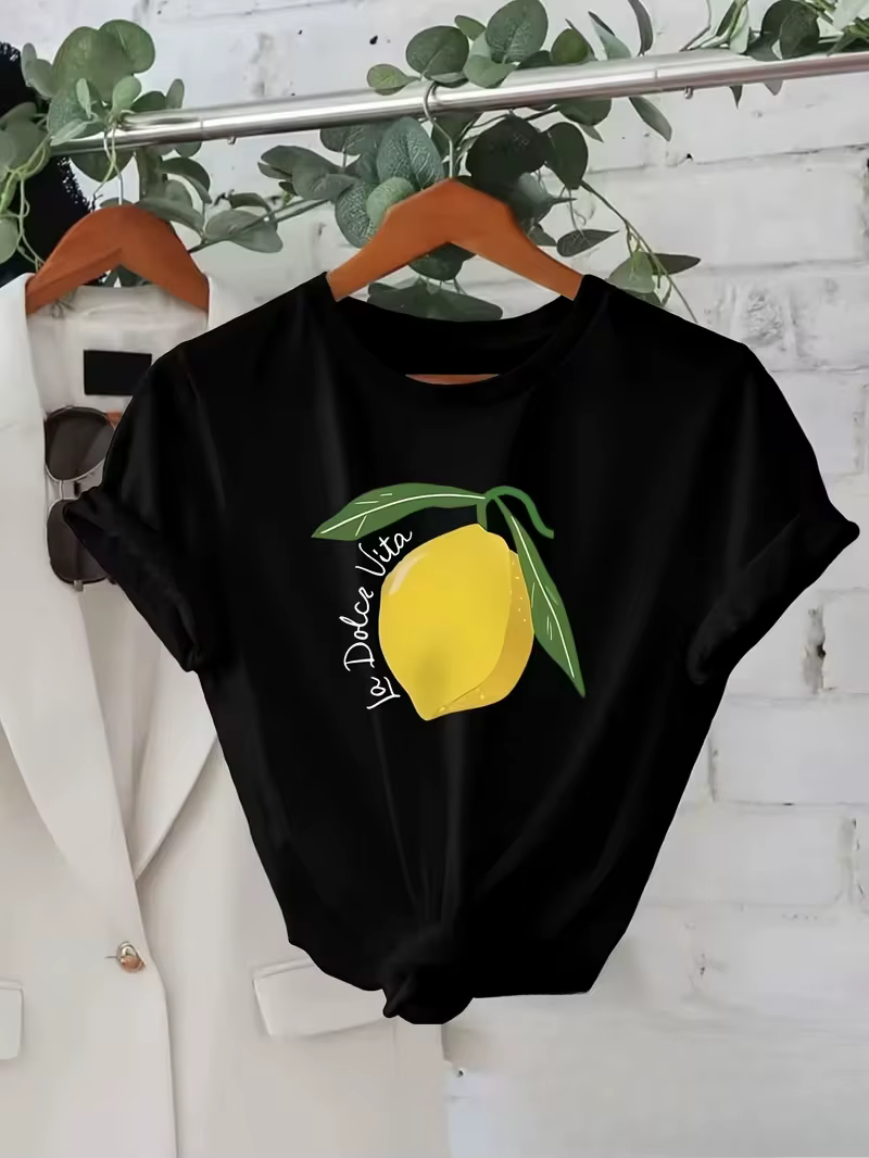 T-shirt imprimé citron pour femme – Manches courtes légères et respirantes