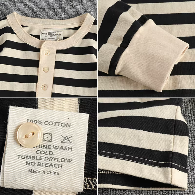 Automne américain rétro 230g poids lourd col Henry rayé T-shirt hommes mode 100% coton lavé décontracté ample résistant gars hauts
