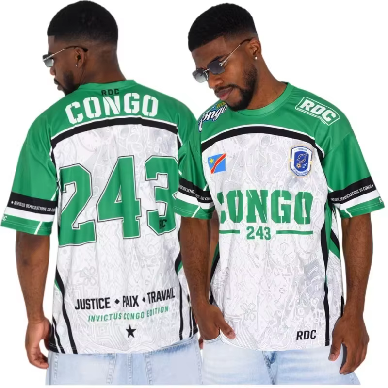 T-shirt à manches courtes commémoratif de la République démocratique du Congo 2026 avec drapeau national contrastant #
