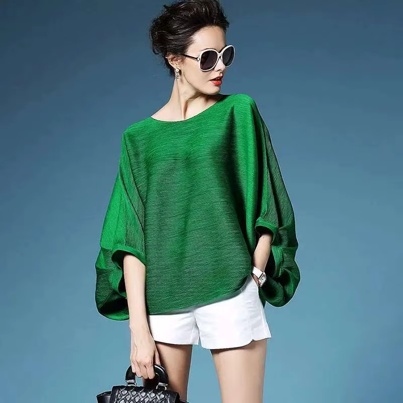T-shirt plissé à col rond pour femme