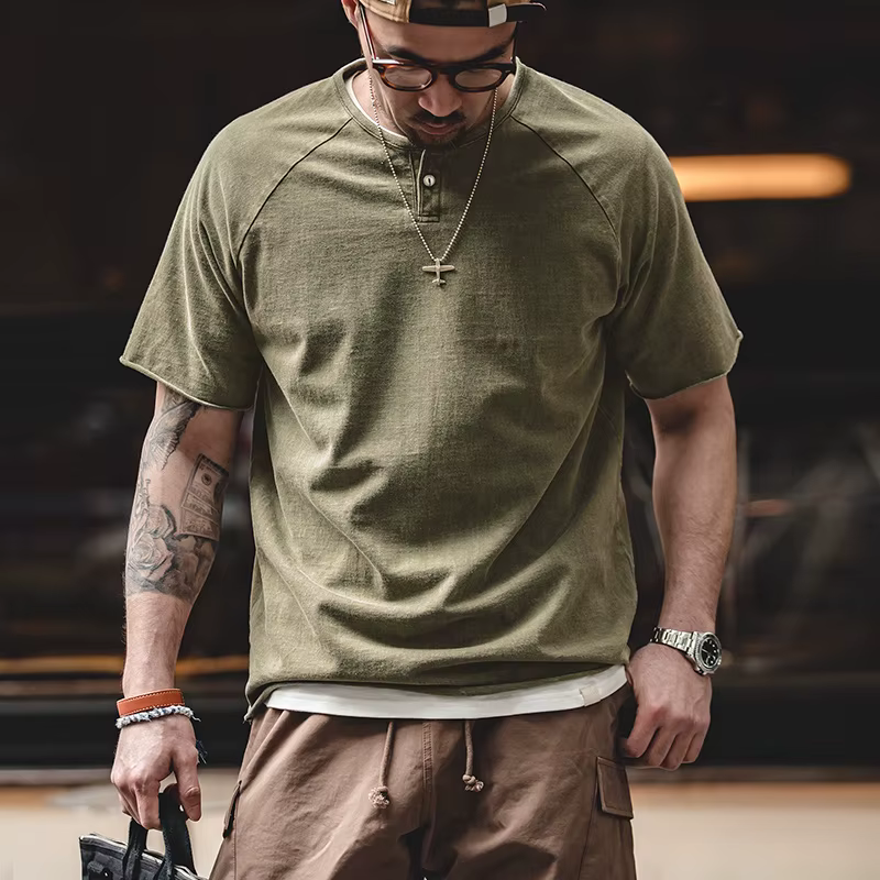Maden – T-Shirt Henley Vintage pour hommes