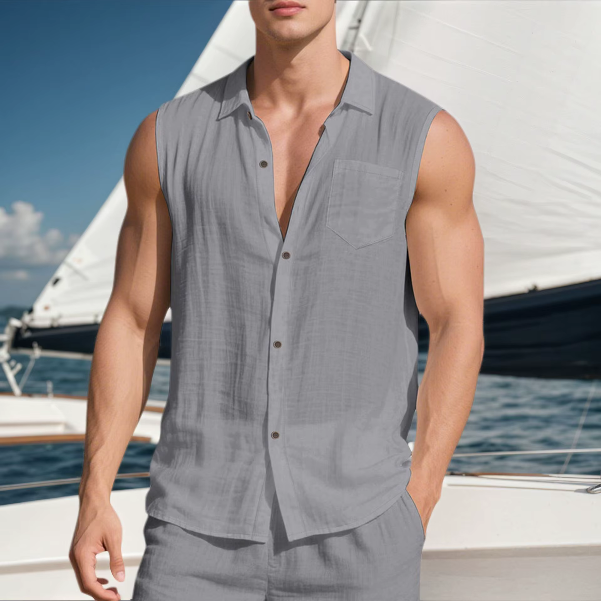 Chemise de plage décontractée sans manches en lin à col pour homme
