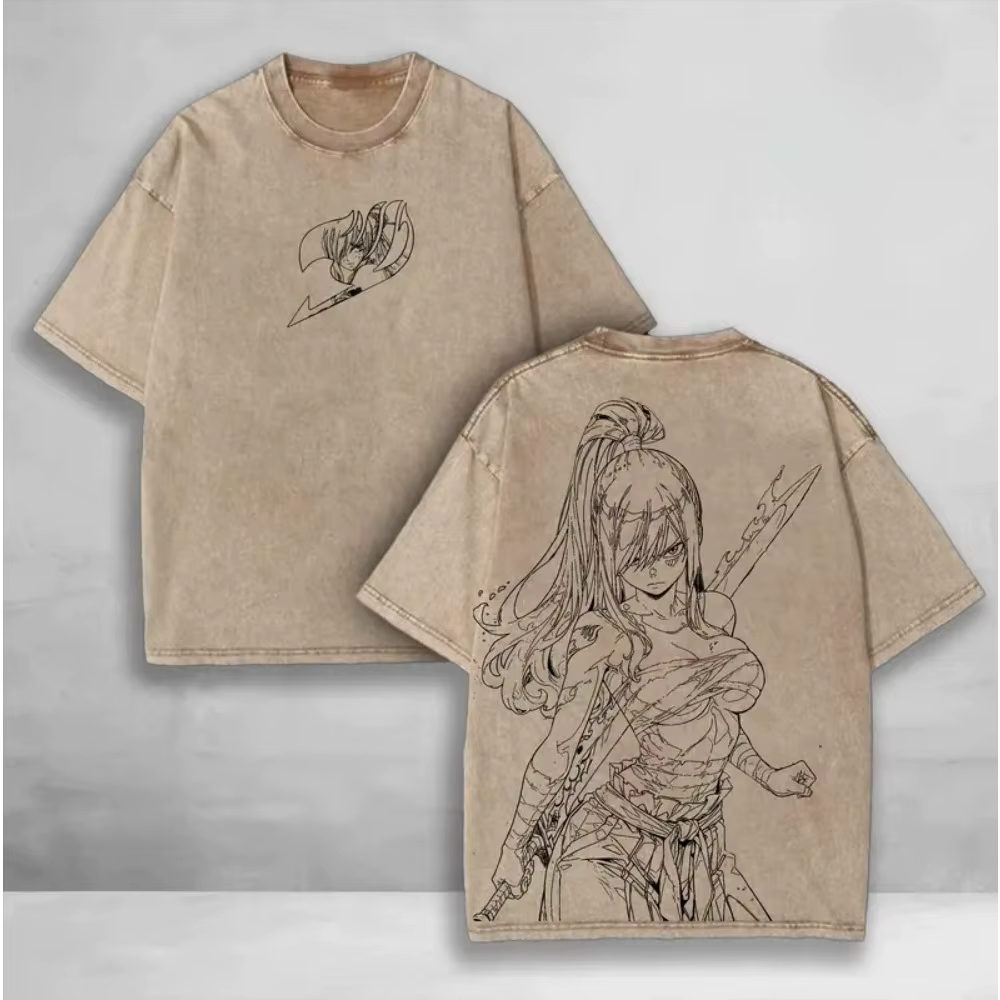 Anime chaud fée queue vêtements hommes femmes à manches courtes t-shirts lavé coton T-shirt rétro surdimensionné