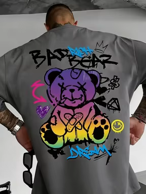T-shirt à col rond personnalisé avec imprimé graffiti à motif d'ours