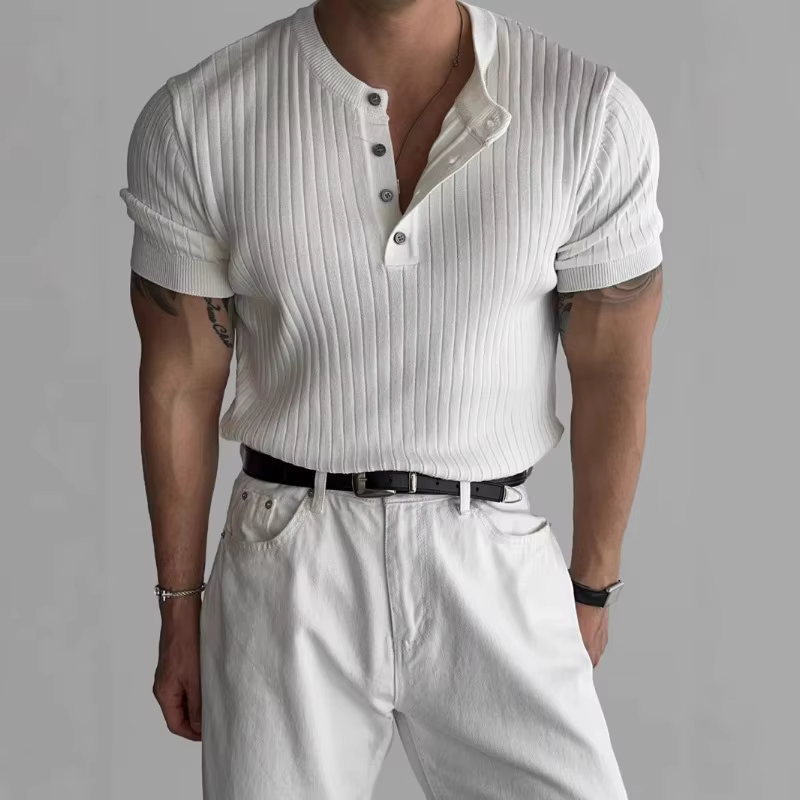 Chemise Henley côtelée ajustée pour homme, manches courtes, boutonnée, décontractée, style muscle