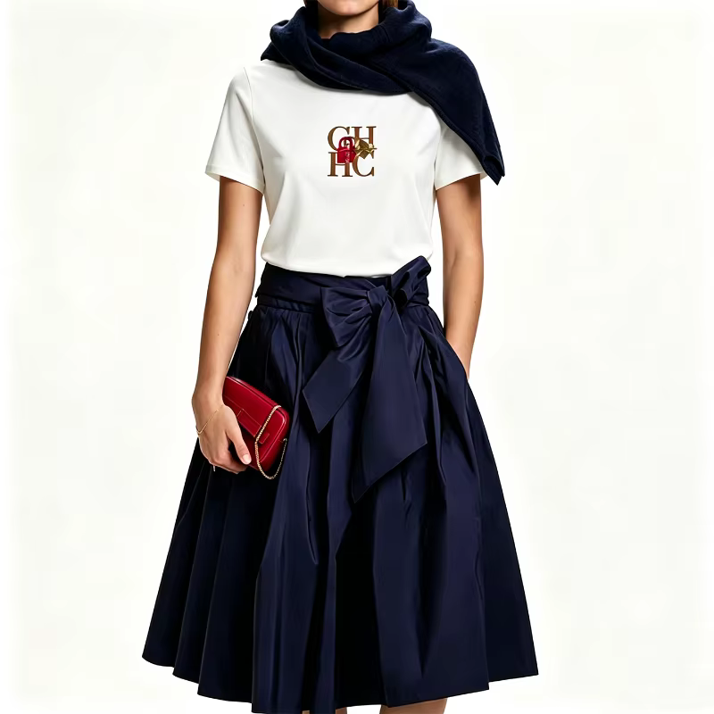 T-shirt col rond pour femme CH, broderie lettre, manches courtes, coton doux, coupe ajustée, tenue quotidienne, hauts décontractés et tendance